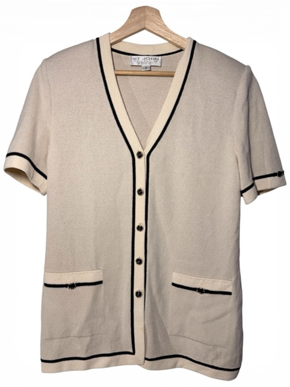 St. John Cream Short-Sleeve Button Front Cardigan with Black Trim size 8